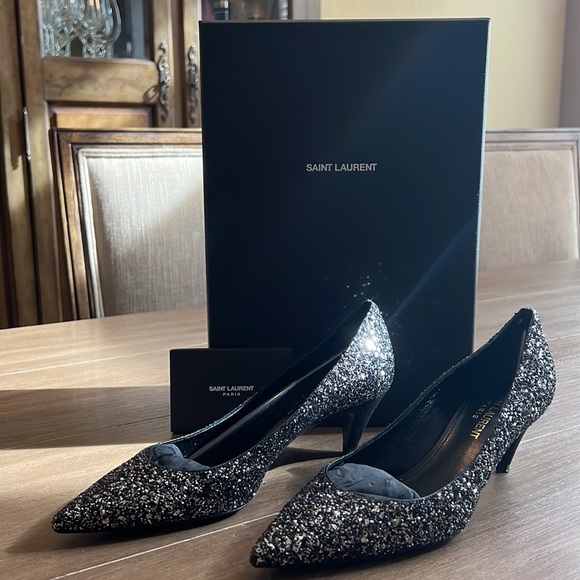 Saint Laurent heels, size 36+, black & silver glitter with a small kitten heel. - Picture 2 of 7